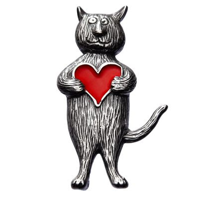 Heart Cat Pin by Edward Gorey in Sterling Silver.